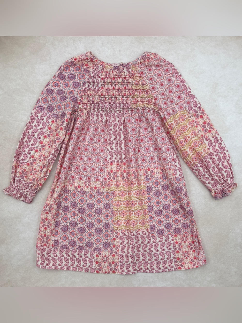 Zara Pink Floral Patchwork Smocked Long-Sleeve Dress